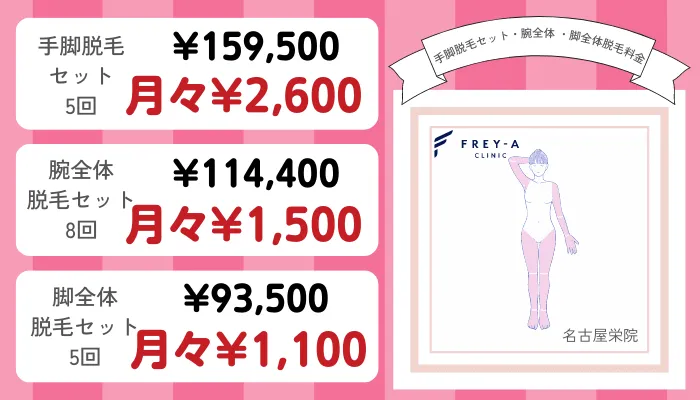 フレイアクリニック名古屋栄手脚脱毛セット・腕全体・脚全体脱毛料金
