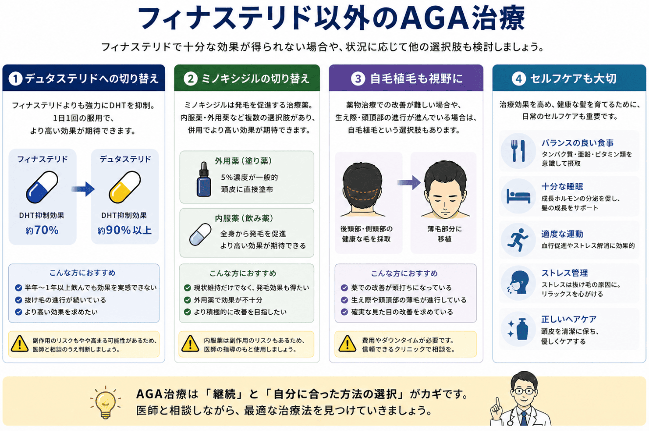 フィナステリドをやめたいけど不安…フィナステリド以外のAGA治療は？