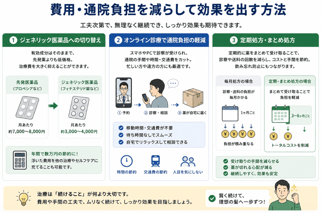 フィナステリドをやめる前に一度検討を！費用・通院負担を減らして効果を出す方法