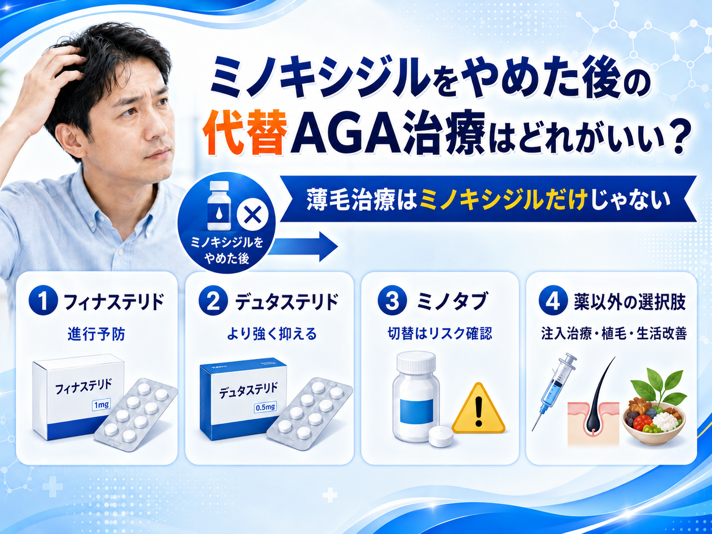 ミノキシジルをやめた後の代替AGA治療はどれがいい？薄毛治療はミノキシジルだけじゃない