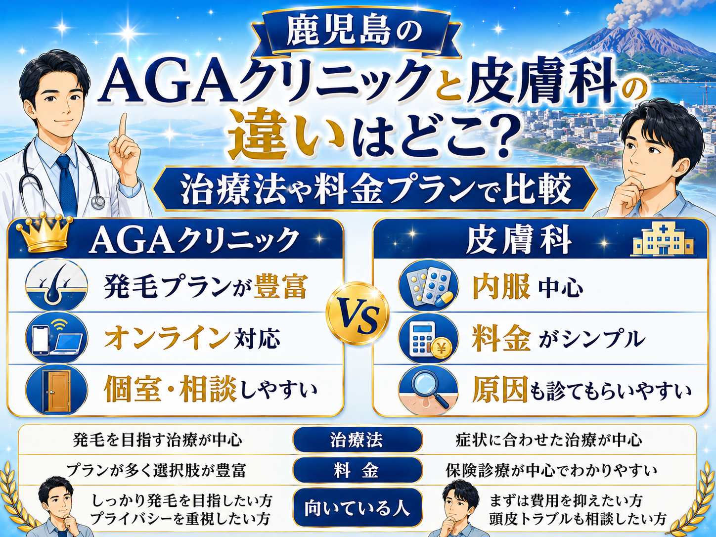 鹿児島のAGAクリニックと皮膚科の違いはどこ？治療法や料金プランで比較
