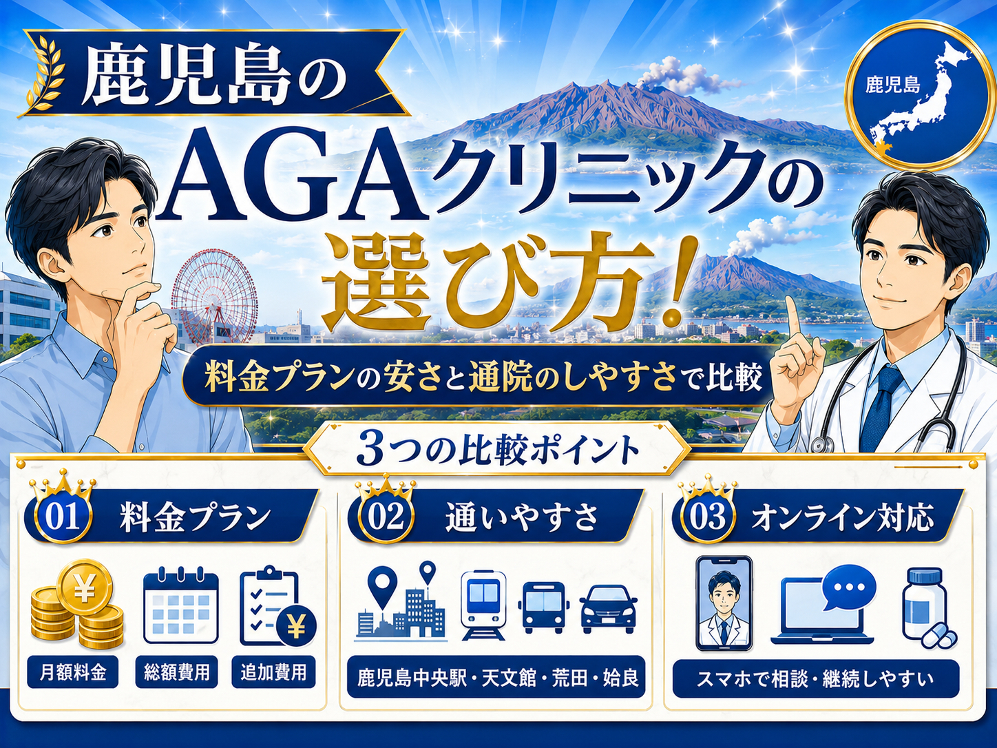 鹿児島のAGAクリニックの選び方！料金プランの安さと通院のしやすさで比較
