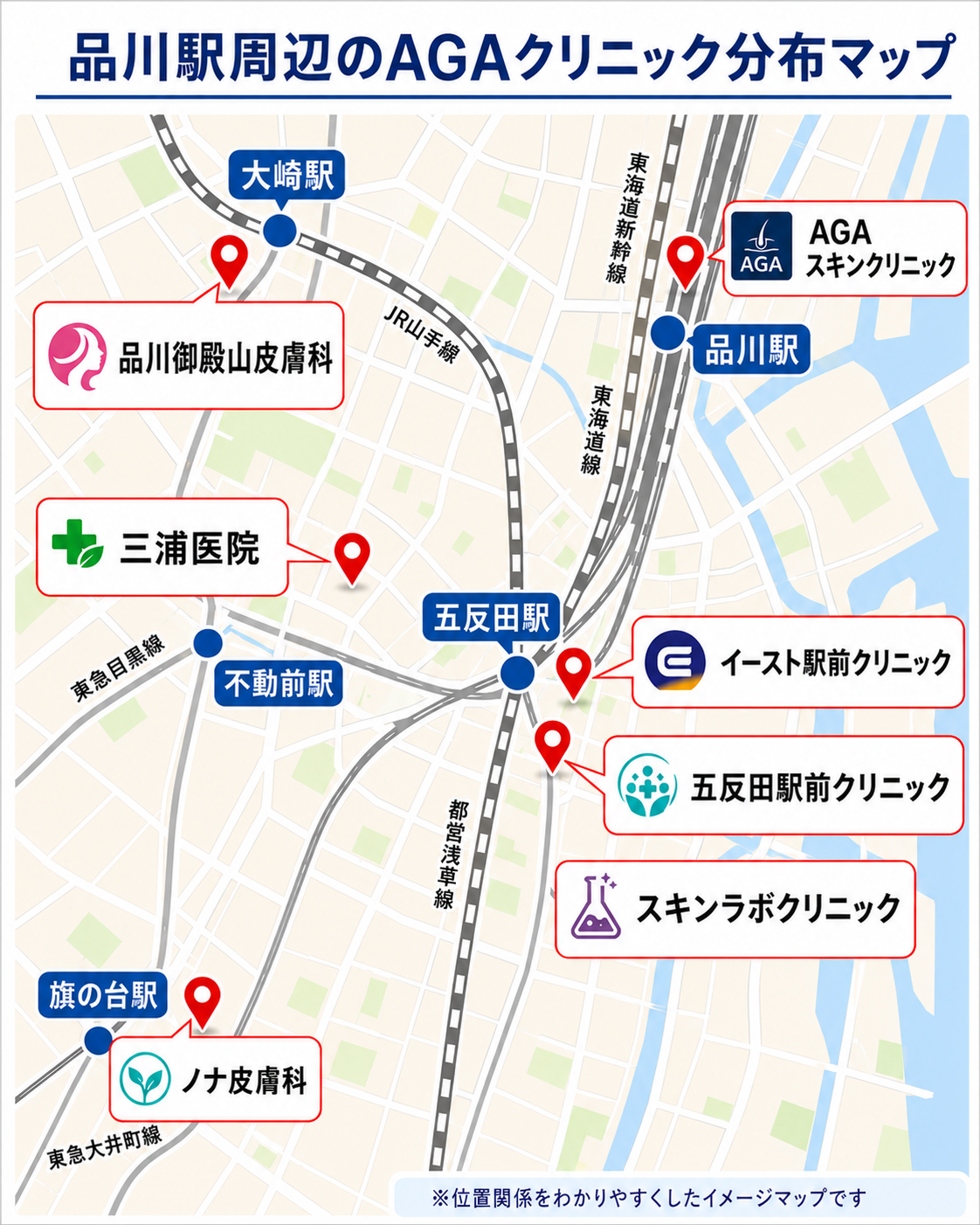 品川駅周辺のAGAクリニック分布マップ