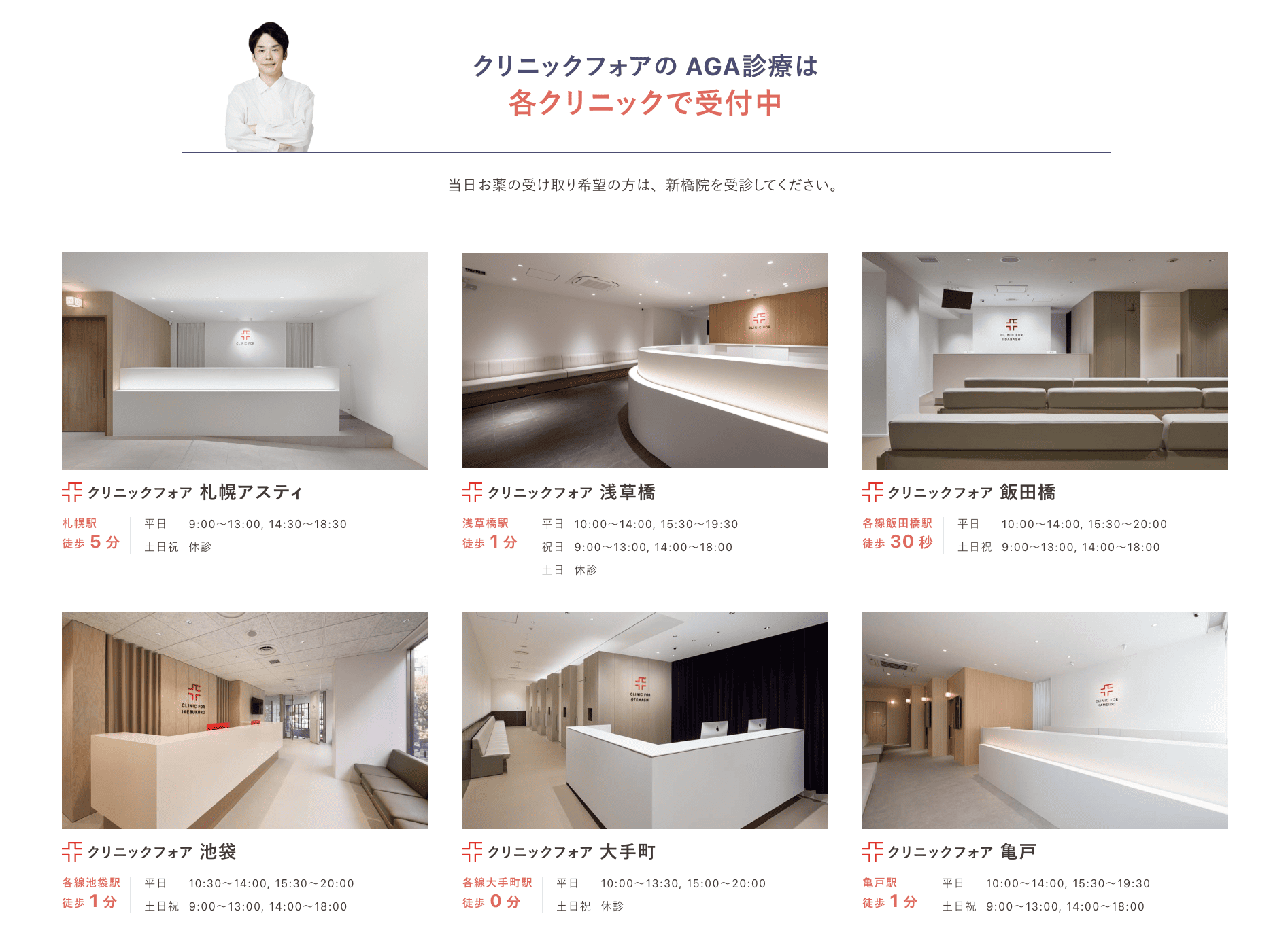 クリニックフォアのAGA診療は各クリニックで受付中。当日お薬の受け取り希望の方は新橋院を受診してください。