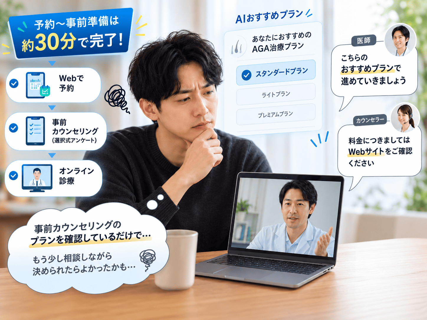 予約〜事前準備は約30分で完了!AIおすすめプランを前提に話が進み、事前カウンセリングのプランを確認しているだけと感じた